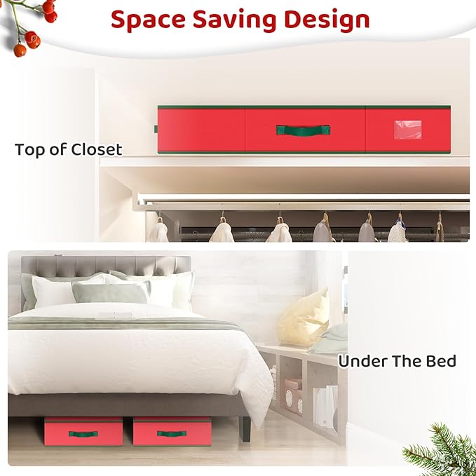 BlessedSeason Wrapping Paper Storage Organizer for 40 Inch Christmas Gifts Wrapping Paper, 2 Visible Supplies Pockets for Holiday Accessories, Christmas Decoration Storage Containers, Red