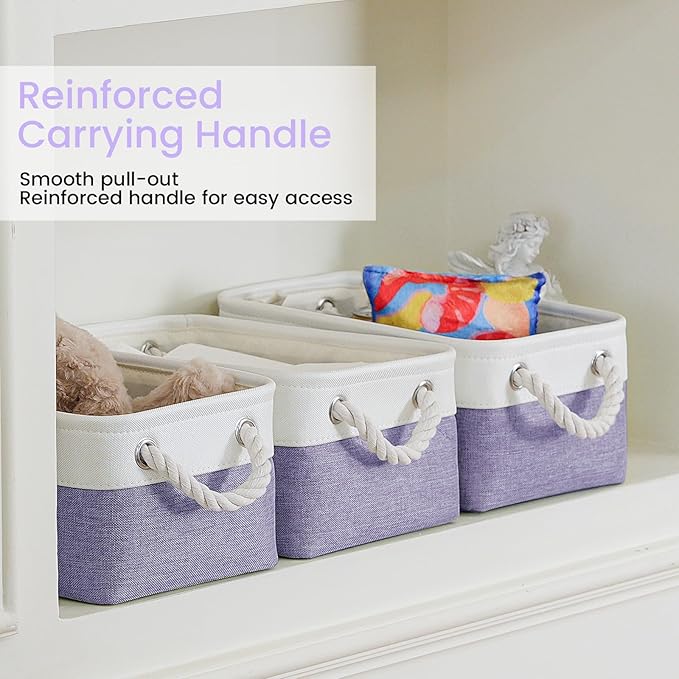 Storage Baskets for Shelves 11.8x7.9x5.2 Inch, Foldable Fabric Storage Bins with Handles, Small Storage Baskets for Organizing Closet, Office, Home Organization (3-Pack, White&Purple)