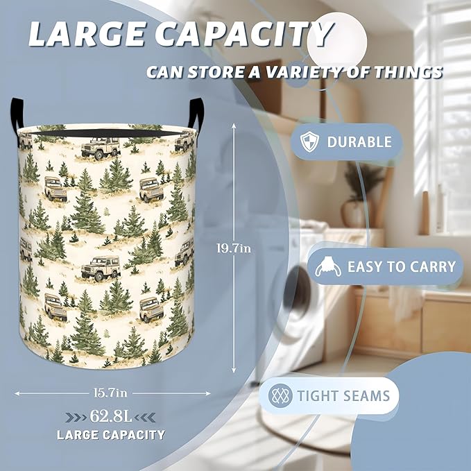 Rustic Car with Pine Tree Forest Scene Laundry Basket with Handles, 19.7"x15.7" Clothes Foldable Laundry Hamper Organizer for Dorm Nursery Bedroom Bathroom Decor, Toy Storage Bin for Kids