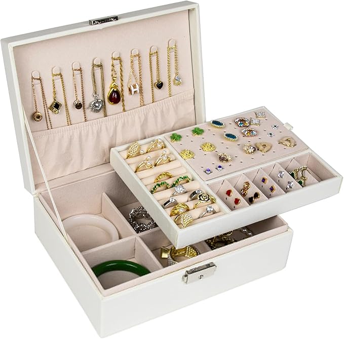 SYCARON Jewelry Box Organizer for Women, Jewelry Organizers 2 Layer Jewelry Storage Box PU Leather with Lock for Women Girls Rings Earrings Necklace Bracelets, Off White