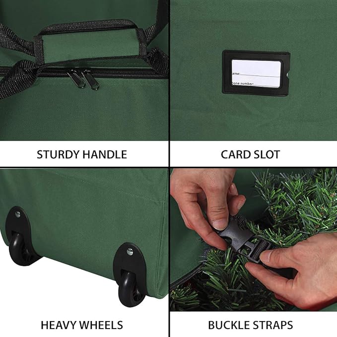 ProPik Rolling Christmas Tree Storage Bag, Fits Up to 7.5 Ft. Tall Disassembled Holiday Tree, 22" x 16" x 50", Large Heavy Duty Xmas Storage Container with 2 Wheels & Handles, 600D Oxford (Green)