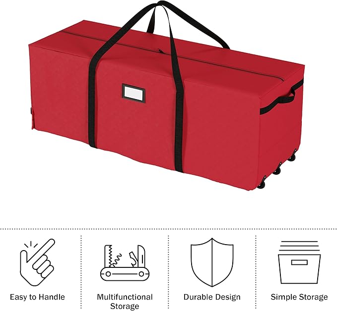 Christmas Tree Storage Bag with Wheels - Canvas Duffel for 12-Foot Fake Trees and Protecting Holiday Decorations and Inflatables by Elf Stor (Red)