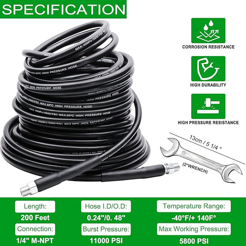 200FT Sewer Jetter Kit for Pressure Washer, 5800PSI Drain Cleaner Hose 1/4 Inch NPT, Corner, Rotating and Button Nose Sewer Jetting Nozzle Waterproof Tape Pearl Corsage Pin with 2Pcs Spanner