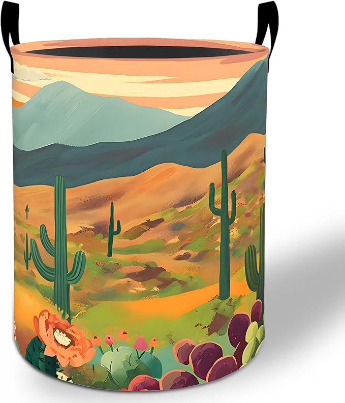 Desert Cactus Laundry Basket Hamper 19.7"x15.8", Southwestern Foldable Waterproof Oxford Clothes Storage Bucket for Room Bathroom Bedroom Nursery Decor, Toy Organizer Bins Gifts for Kids Boys Girls