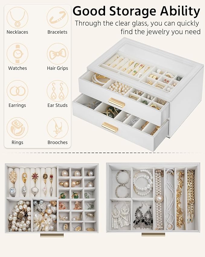 AKOZLIN Jewelry Box with Clear Lid Functional Leather Jewelry Storage Organizer Case 2 Drawers for Women Girls Necklace Ring Bracelet Earring