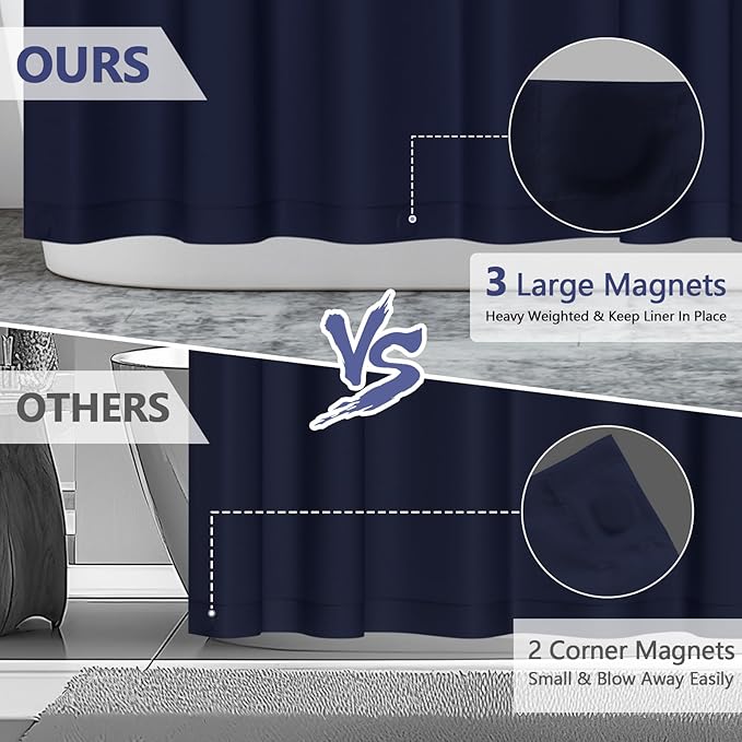 Seenus Navy Blue Fabric Shower Curtain Liner with 3 Magnets, 72 x 72 inch Waterproof Cloth Shower Liner Washable, Neutral Dark Shower Curtain for Bathroom