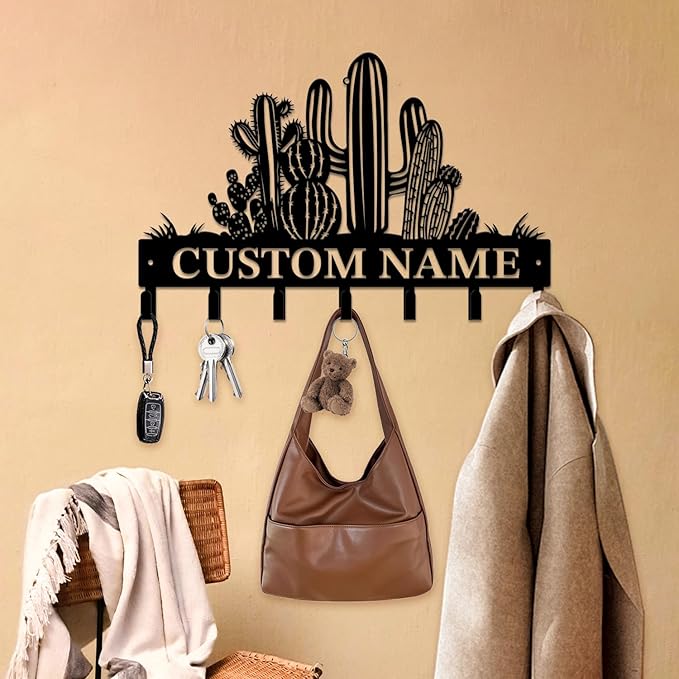 Personalized Custom Name Cactus Wall Keys Hooks,Metal Cactus Art Clothes Hooks,Metal Cactus Lover Wall Home Storage Decorative,For Front Door, Hallway, Kitchen, Bedroom,Keys,Hats (Style B)