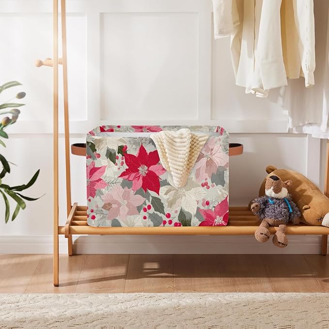Storage Baskets Bin, Christmas Winter Poinsettia Collapsible Canvas Fabric Storage Bin Decorative Baskets Toy Organizer Rectangle Storage Boxes with Handles for Home Shelves Nursery, J-001