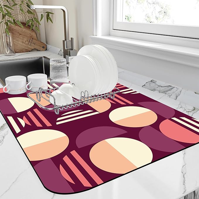 Kitchen Mat Circles in Pink Purple Dish Drying Mat 16"x24" Bsorbent Coffee Maker Mat for Sink Dishes or Under Rack Kitchen Counter Accessories Absorbent Hide Stain Rubber Backed Dish Drying Pad