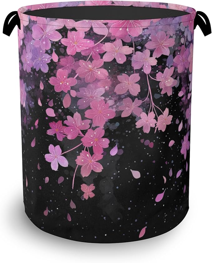 Cherry Blossoms Laundry Basket,Foldable with Handles Tote Bag Oxford Cloth for Bathroom Bedroom Dirty Clothes Storage Bucket 16" x 20.8"