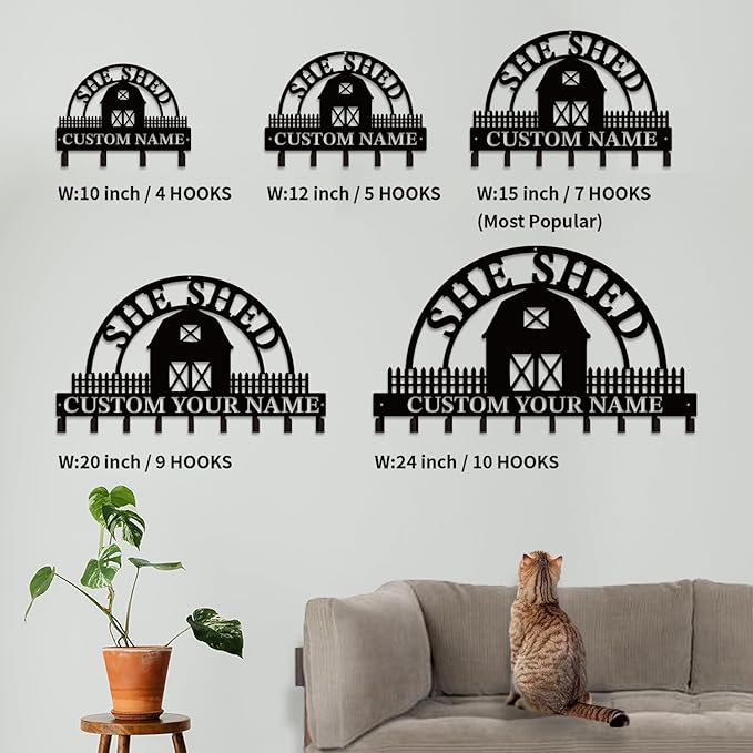 Personalized She Shed Metal Keys Hooks,Custom Name Keys Hooks,Black Wall Home Storage Decorative Hooks,Key Holder for Wall (Style C)