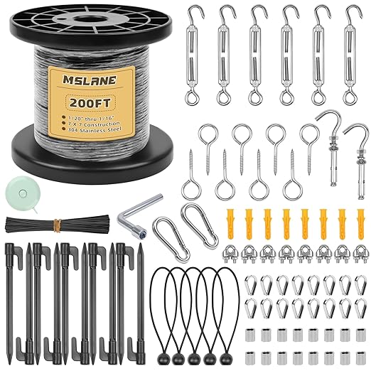 MSLANE 1/16" Black Wire Rope Kit 200FT 304 Stainless Steel Vinyl Coated with M5 Turnbuckles, 7x7 Strand Core Aircraft Cable for String Light, Picture Hanging, Clothesline, Curtain, and Plant Trellis