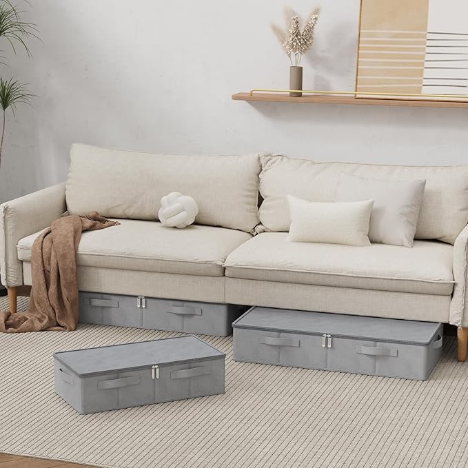 ENUMAIL Underbed Storage Box, Foldable Under Bed Bins Container, Organizer Baskets with Lid for Organizing Clothes, Sheets, Pillows, Comforter, 31.4x15.7x5.9in, Grey, 3 Pack