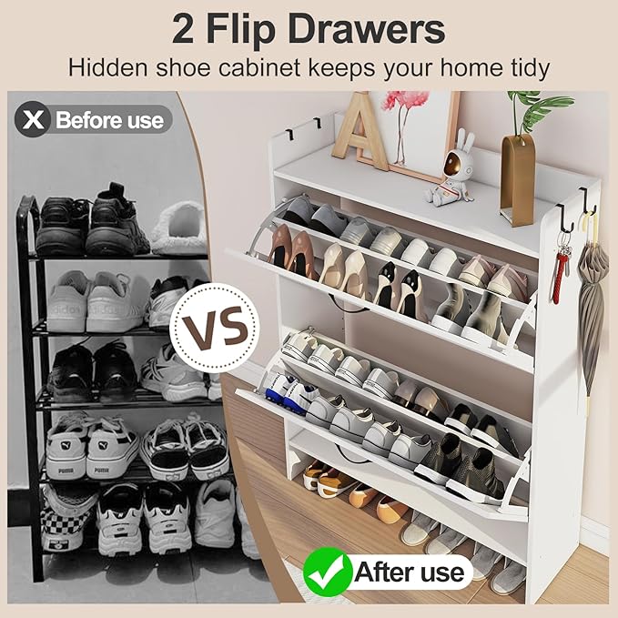 Shoe Cabinet with 2 Flip Drawers & Adjustable Shelf,Wood Shoe Organizer,Freestanding Hidden Shoe Storage Cabinet for Entryway,Hallway (White)