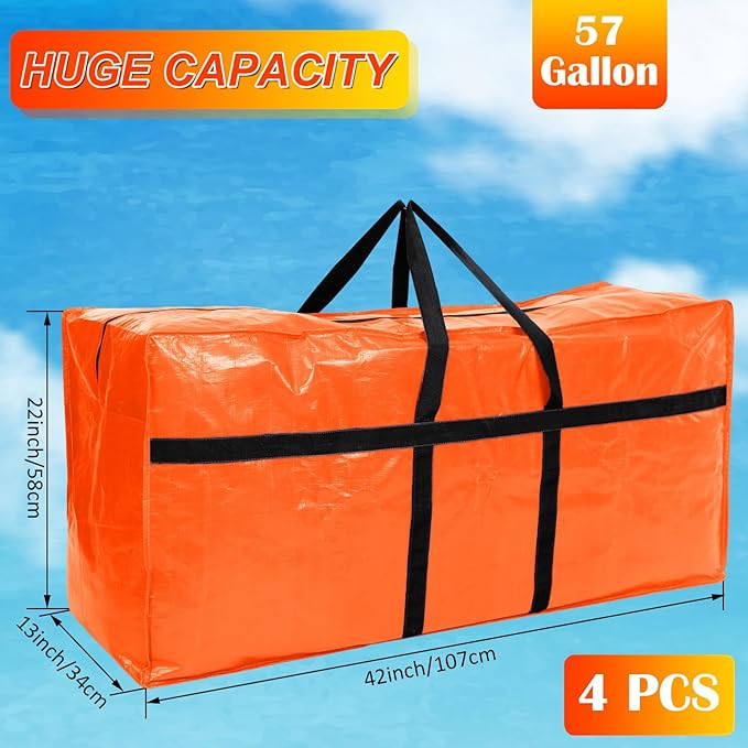 Windyun 4 Pack 57 Gallon Extra Large Moving Bags XXL Heavy Duty Storage Bag with Strong Zipper Handle Jumbo Big Tote Box Foldable for College Dorm Travel Clothes Duffle Blanket Pillow(Orange)