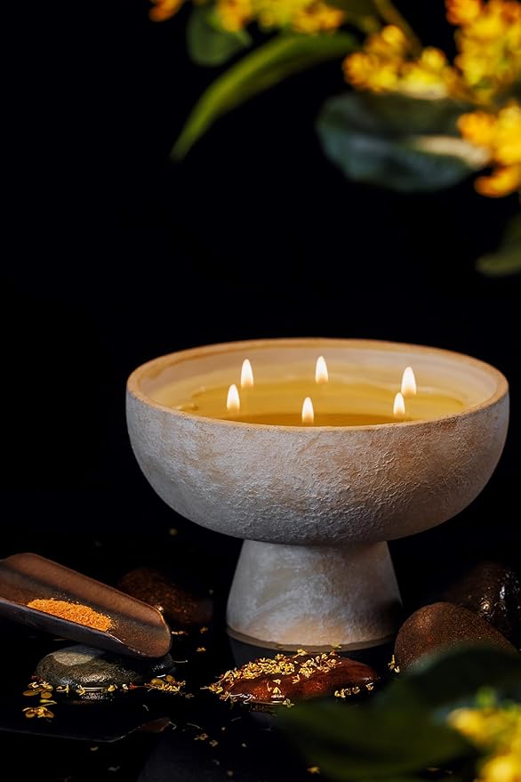 Blueme Calm Candle | Osmanthus & Sandalwood | 6 Wick - Refillable Wellness Candle with Essential Oils, Hand Finished & Poured Soy Wax Blend Ceramic Vessel, Natural Cotton Wicks | Giant 45 oz