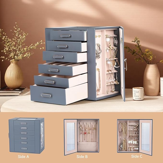 Jewelry Boxes for Women, 6 Layer Jewelry Organizer with Glass Lids, Jewelry Holder Organizer with 5 Drawers and 2 Glass Doors for Jewelry Storage, Big Jewelry Box for Womens Gift (Grey)
