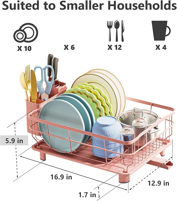 AIDERLY Iron Dish Drying Rack Auto Drain Dish Drainers Kitchen Counter Strainer with Draining Tray, Pink