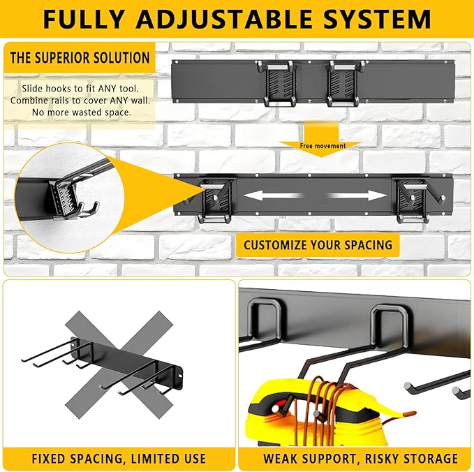 Tebgeag Garage Tool Organizer Wall Mount, 48inch Heavy-Duty Garage Storage System and Garden Tool Organizer with 6 Adjustable Double Hooks for Shovel, Snowboard, Yard Tools and Shed