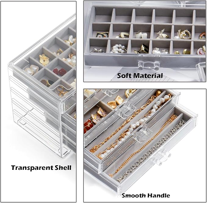 Jewelry Organizer with 5 Drawers Clear Acrylic Earring Display Case Velvet Jewelry Storage Box Display Holder for Earring Ring Bracelet Necklace (Gray, 48 Grids)