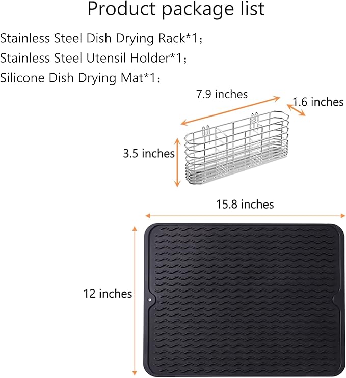 NiuYichee Stainless Steel Dish Drying Rack(15.2"L X 11"W X 5.3"H), Expandable Fruit & Vegetable Drain Rack over Sink, Dish Drainer Rack in Sink, with Stainless Steel Utensil Holder & Silicone Mat(16")