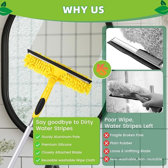 Opow 284'' Window Squeegee with Telescoping Extension Pole, 2 in 1 Shower Cleaning with Telescopic Pole, Extension Washing Tool with Rotating Head for Indoor/Outdoor High Window Glass