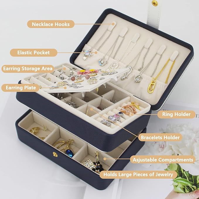 KOOAAICCHI Small Jewelry Box, Travel Jewelry Organizer, Portable Jewelry boxes for Women Girls Gift, Double Layers PU Leather Jewelry Holder for Rings, Earrings, Necklaces-Blue