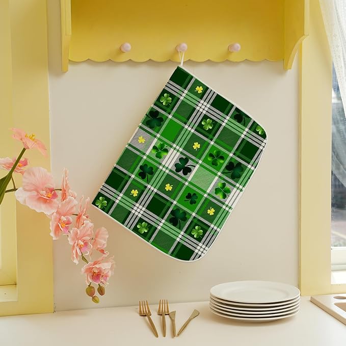 St Patricks Day Dish Drying Mat 18x24 Inch Green Lucky Shamrock Buffalo Plaid Drying Mat Checkered Spring Holiday Absorbent Dish Drying Pad Dish Rack Drainer Mats for Kitchen Dining Counter