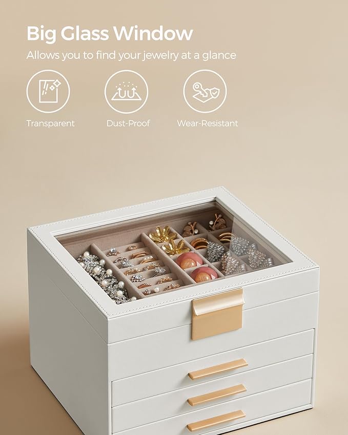 SONGMICS Jewelry Box Organizer with Glass Lid, 4-Layer Jewelry Storage, with 3 Drawers, Modern Style, 8 x 9.1 x 6.5 Inches, Cloud White and Gold Color UJBC173W01