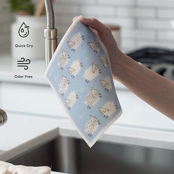 RECYCO Swedish Dishcloths for Kitchen | 6 Pack Farmhouse Friends Washable Dish Rags | Cellulose Reusable Cleaning Paper Towels | Absorbent Counter Dish Cloth Sponge Kitchen Wipes, 8" L x 7" W