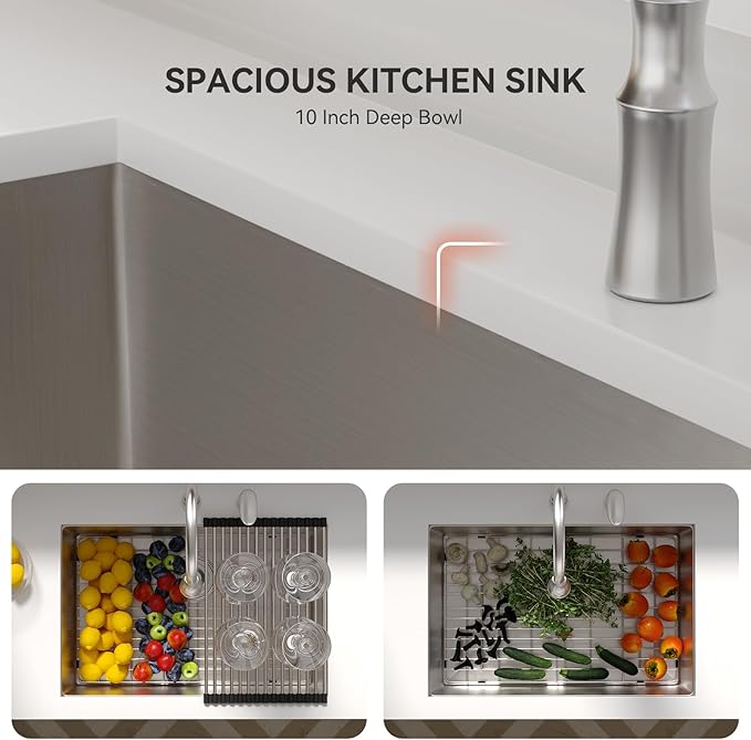 Lordear 27 Undermount Kitchen Sink 27X18 Inch Deep Single Bowl 16 Gauge Stainless Steel R10 Round Corner Under Counter Handmade Kitchen Sink Basin