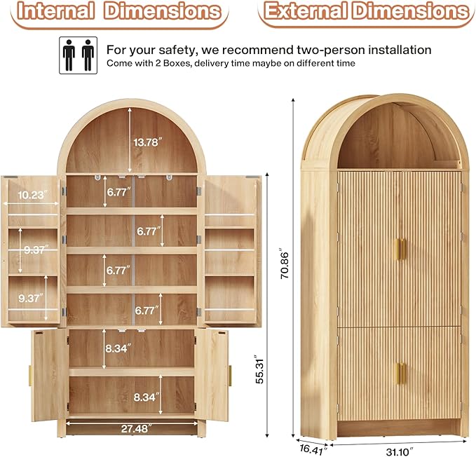 71" Tall Arched Pantry Cabinet, Arched Fluted Kitchen Storage Cabinet with Doors and Adjustable Shelves, Modern Natural Wood Cupboard Organizer for Kitchen, Dining Room, Living Room