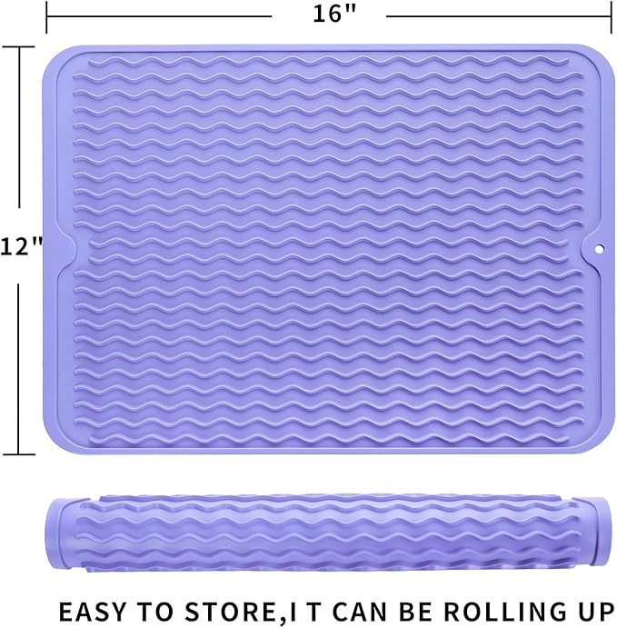 MicoYang Silicone Dish Drying Mat for Multiple Usage,Easy clean,Eco-friendly,Heat-resistant Silicone Mat for Kitchen Counter or Sink,Refrigerator or drawer liner Light Purple L 16 inches x 12 inches