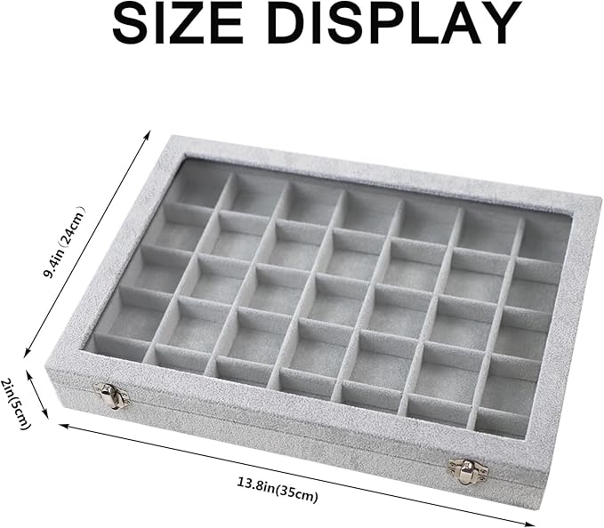 Jewelry Tray 35 Grid Velvet Jewelry Organizer with Clear Lid Transparent Earring Bracelet Organizer Holder Case with Clasp Drawer Insert for Rings Studs Gift for Women Girls (Grey)