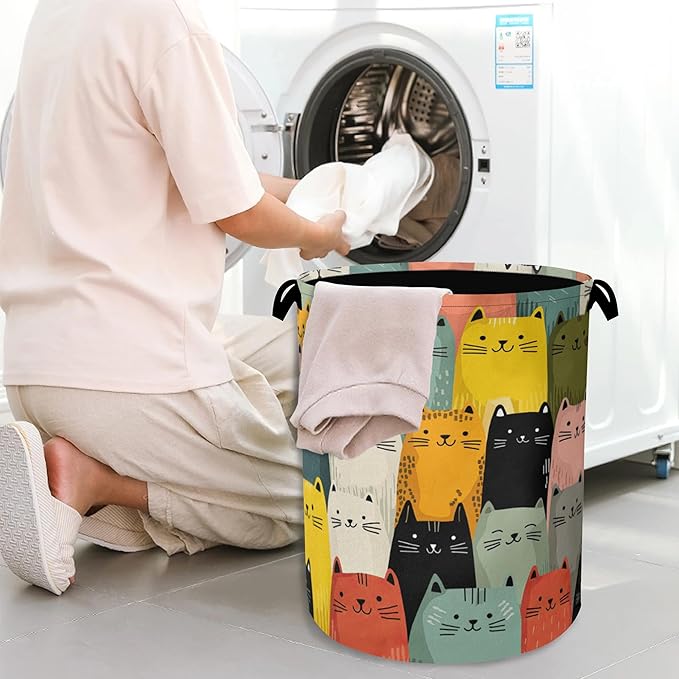 Cute Cat Laundry Basket,Foldable with Handles Tote Bag Oxford Cloth for Bathroom Bedroom Dirty Clothes Storage Bucket 16" x 20.8"