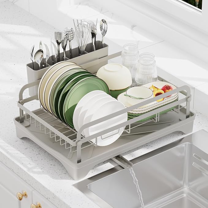 HOMEBOSILY Dish Drying Rack - Space-Saving Dish Rack,Dish Racks for Kitchen Counter with Drainboard,Rustproof Countertop Dish Drainer with Utensil Holder for Sink Grey