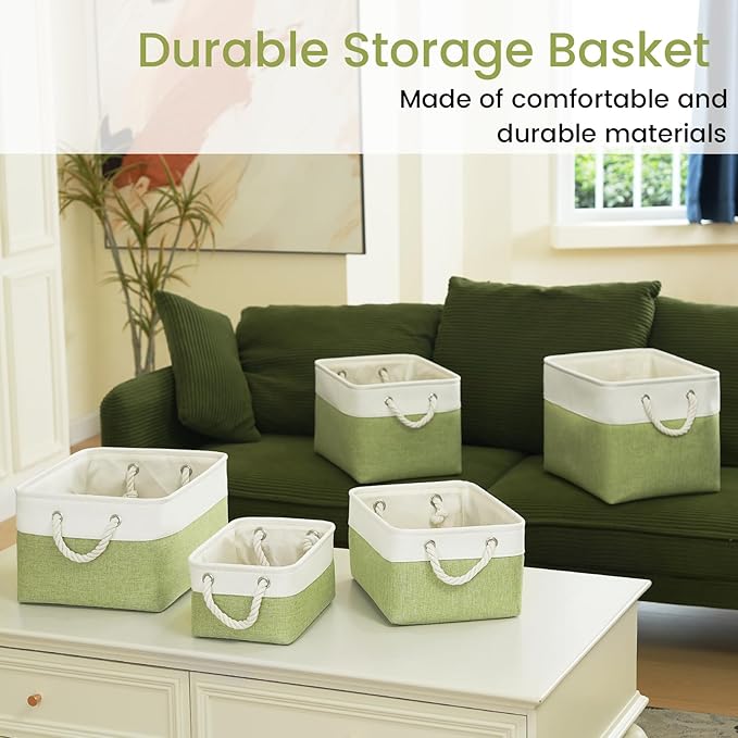 Storage Baskets for Shelves 13.8x9.8x6.7 Inch, Foldable Fabric Storage Bins with Handles, Small Storage Baskets for Organizing Closet, Office, Home Organization (6-Pack, White&Green)