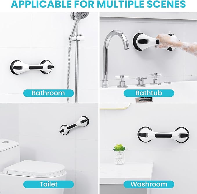 TAILI Shower Handles for Elderly Suction, 2 Pack 12 Inch Shower Grab Bars for Seniors, Grab Bars for Bathtubs and Showers, No Drilling Removable Safety Shower Grip, Black