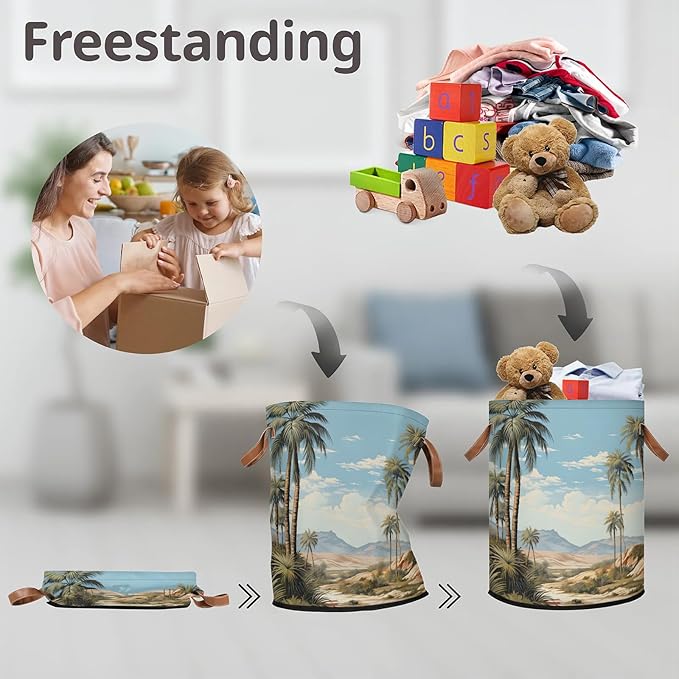 62L Coconut Tree Laundry Basket for Clothes Books Toys Adult Kids Rotundity Laundry Hampers Bin for Bathroom Kitchen Hotel