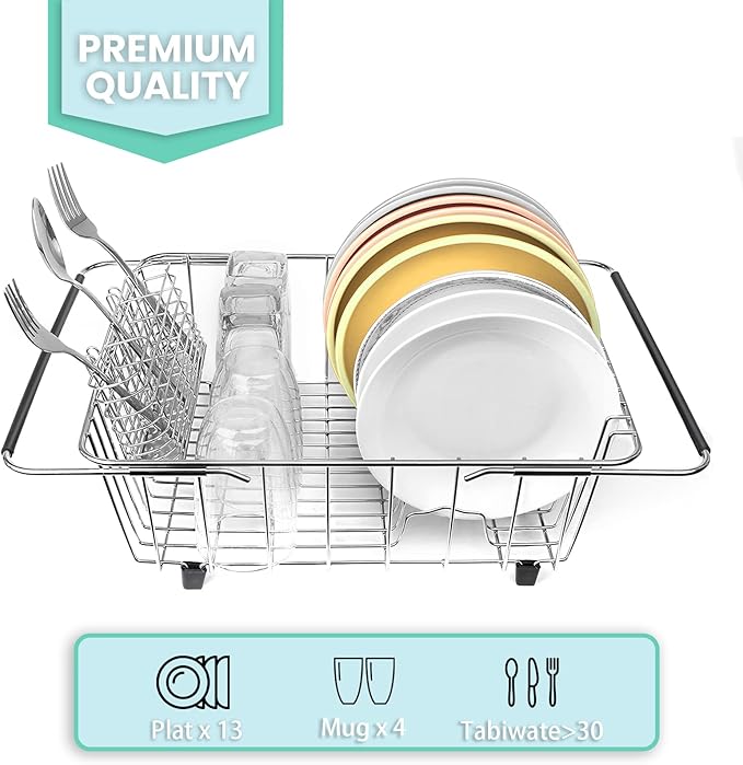 BTLATHA Sink Dish Drainer Rack, Expandable 304 Stainless Steel Dish Drying Rack Organizer with Stainless Steel Utensil Rack, Adjustable 15.35" to 20.47" Inside The Sink (up to 13 Upright Utensils).