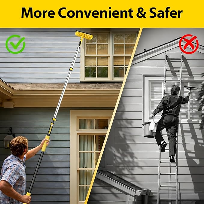 150'' Long Reach Window Squeegee with Telescoping Extension Pole, 2-in-1 Indoor/Outdoor Cleaning Tool with 270° Rotatable Head, Lightweight Alloy Aluminum Pole for Shower Door, Mirror, Car Windshield