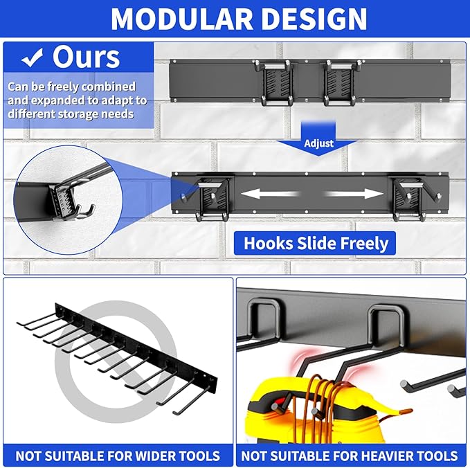 CRXCRC Garage Tool Organizer Wall Mount, 48inch Heavy Duty Garden Tool organizer Storage System, Easy Install With 6 Adjustable Bilayer Hooks, For Garage, Basement, Shed, Workshop(Black)