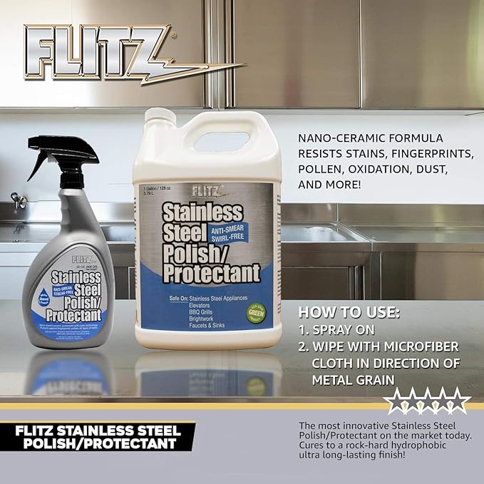 Flitz Stainless Steel Polish Protectant - 32oz Bottle, USA-Made Ceramic Coating for Stainless Steel Appliances, Repels Fingerprints & Water Spots - Aluminum & Chrome Polish & Protectant (1 Pack)