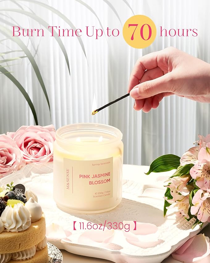 M&SENSE Pink Jasmine Rose Scented Candle - 11.6oz Natural Soy Wax 70-Hour Long Lasting Burn Time, 2-Wick Spring Non-Toxic Romantic Candle for Home Decor Flower Scent Gifts for Her Him