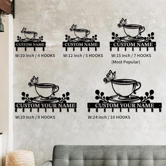 Personalized Custom Name Coffee Bar Wall Keys Hooks,Metal Coffee Shop Art Clothes Hooks,Metal Coffee Lover Wall Home Storage Decorative,For Front Door, Hallway, Kitchen, Bedroom,Keys,Hats (Style B)