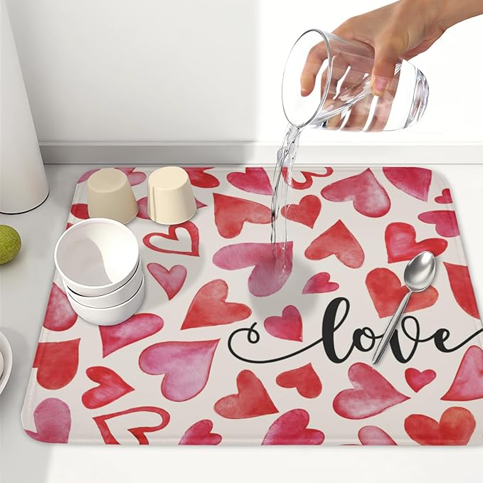 ABSOP Valentine's Day Dish Drying Mat 16 x 18 Inch Heart Shaped Dish Drying Pad Absorbent Microfiber Mats for Red and Pink Dish Rack Pad for Kitchen Counter Coffee Bar Decor