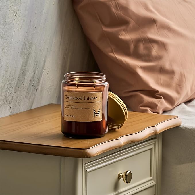 M&SENSE Teakwood Intense Scented Christmas Candle Gift | 19.4oz, 115-Hour Burn | Natural Organic Soy Wax | Long-Lasting for Stress Relief and Gifting | for Christmas, Thanksgiving, Holiday