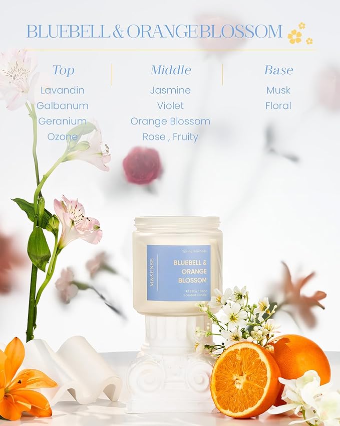 M&SENSE Bluebell Orange Blossom Scented Candle - 11.6oz Natural Soy Wax 70-Hour Burn Time Long Lasting Non Toxic 2 Wick Candle for Home Decor Birthday Gifts Easter Supplies