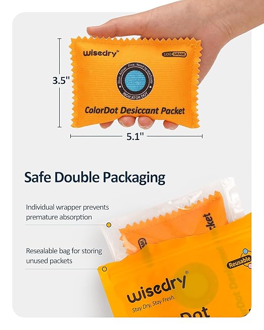 wisedry 100g [5 Packs] Reusable Desiccant Packs for Storage, Rechargeable Color Indicating Silica Gel Desiccant Packets, Moisture Absorbers for Storage Bins, Suitcase, Safe, 3D Filaments, Electronics