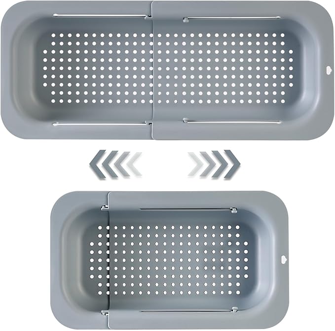 YUNKWONG Extendable Sink Colander Strainer Basket - Wash Vegetables and Fruits, Drain Cooked Pasta and Dry Dishes - Adjustable Over the Sink Colander Collapsible Drainer Basket -Gray